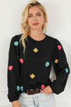 Black Floral Embroidered Puff Sleeve Top-Tops-MomFashion