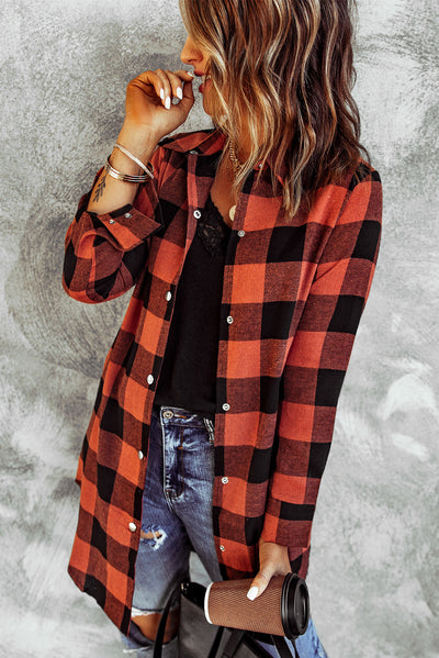 Fiery Red Turn-down Collar Plaid Shirt Coat-Outerwear-MomFashion