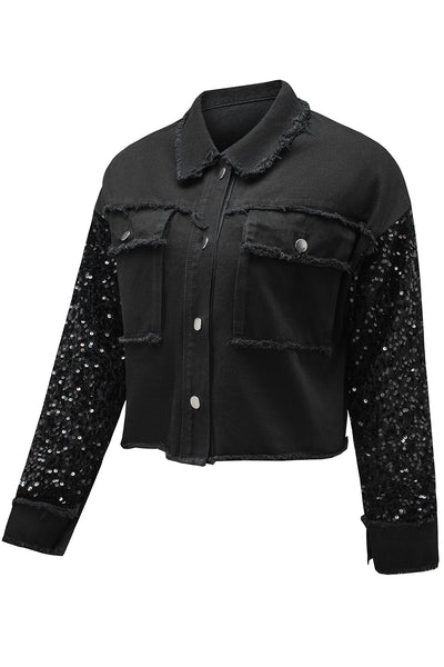 Black Sequin Sleeve Pocketed Raw Hem Denim Jacket-Outerwear-MomFashion