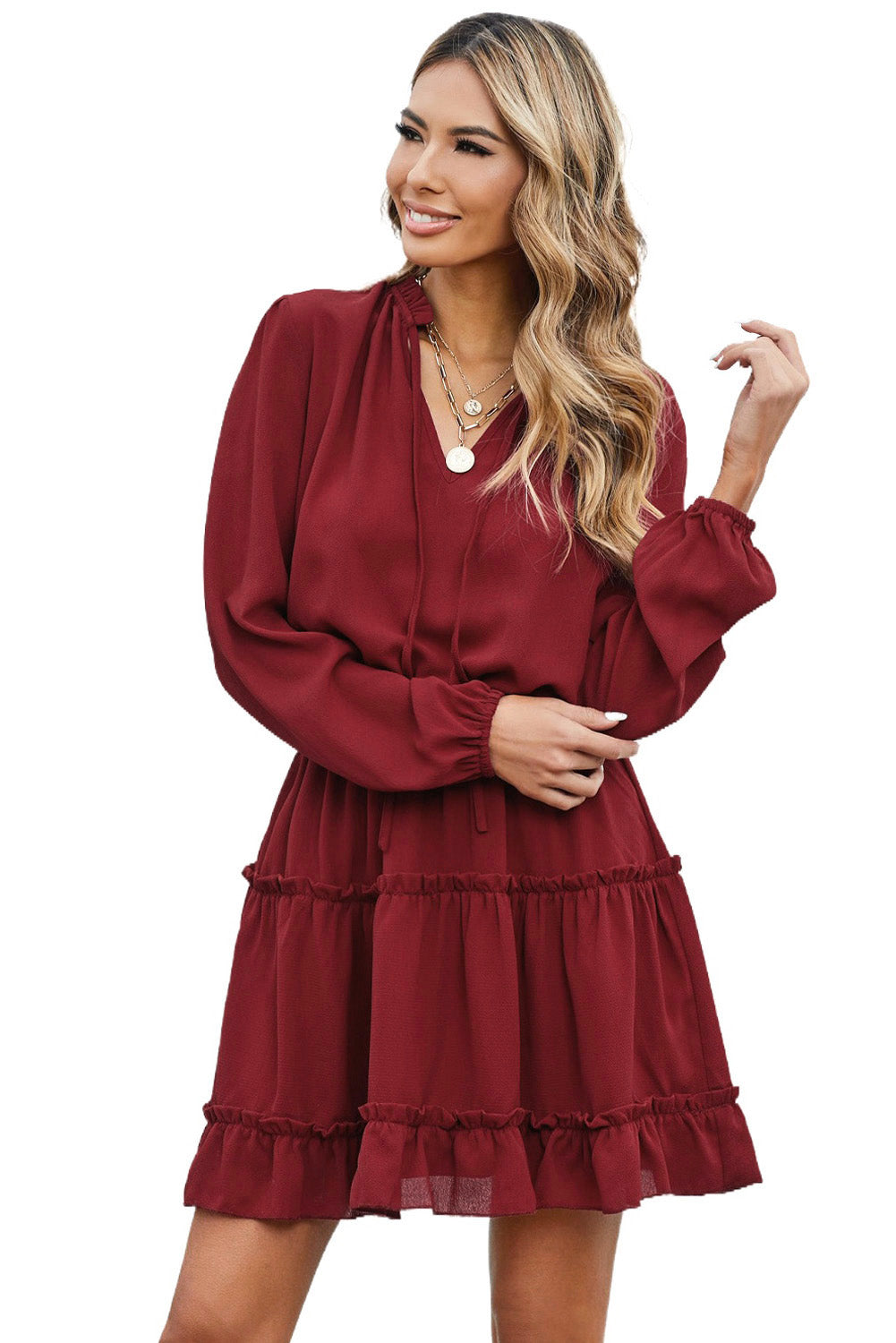 V Neck Long Sleeve Ruffle Tiered Mini Dress-Dresses-MomFashion