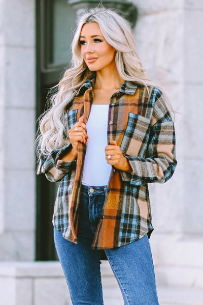 Brown Plaid Color Block Buttoned Shirt with Pockets-Tops-MomFashion