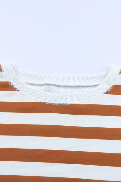 Brown Stripe Drop Shoulder Striped Pullover Sweatshirt-Tops-MomFashion