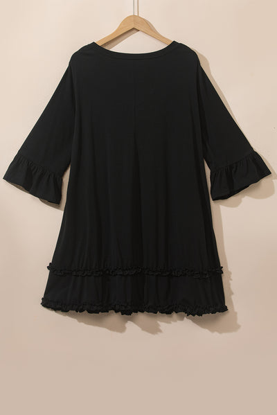 Black Plus Size Ruffled Trim 3/4 Sleeve Dress-Plus Size-MomFashion