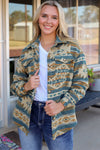 Blue Western Aztec Print Button Flap Pocket Shacket-Outerwear-MomFashion