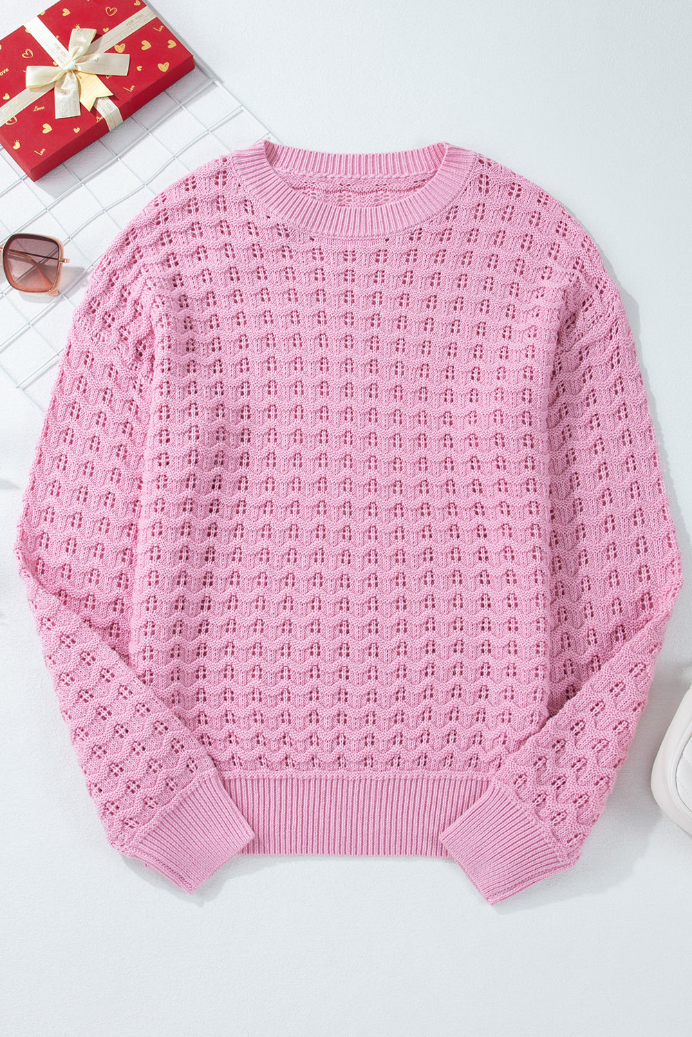Pink Crochet Knit Drop Shoulder Sweater-Sweaters & Cardigans/Sweaters-MomFashion