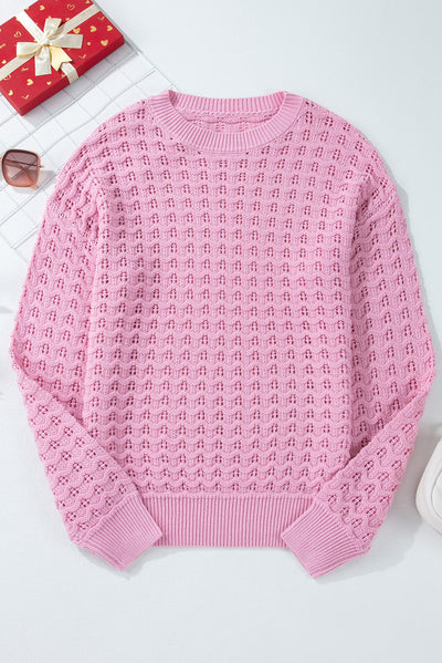 Pink Crochet Knit Drop Shoulder Sweater-Sweaters & Cardigans/Sweaters-MomFashion