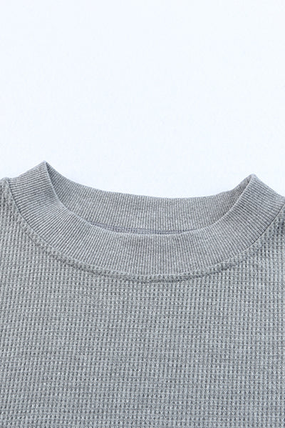 Gray Crew Neck Ribbed Trim Waffle Knit Top-Tops-MomFashion