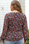 Black Plus Size V Neck Bubble Sleeve Floral Blouse-Plus Size-MomFashion