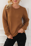 Brown Solid Color Quilted Puff Sleeve Pullover Sweatshirt-Tops-MomFashion