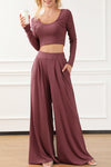 Solid Color Ribbed Crop Top Long Pants Set-Loungewear-MomFashion