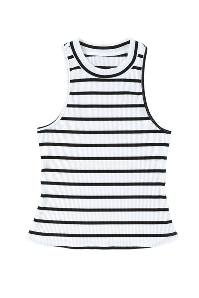 White Striped Print Ribbed O-neck Sleeveless Top-Tops-MomFashion