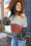 Fiery Red Wild Leopard Contrast Sleeve Colorblock Waffle Knit Top-Tops-MomFashion