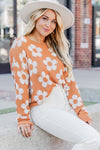 Grapefruit Orange Fuzzy Floral Knitted Drop Shoulder Sweater-Tops-MomFashion