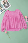 Pink Crinkle Bubble Sleeve Raw Hem Babydoll Blouse-Tops-MomFashion