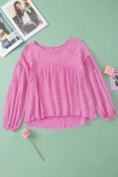 Pink Crinkle Bubble Sleeve Raw Hem Babydoll Blouse-Tops-MomFashion