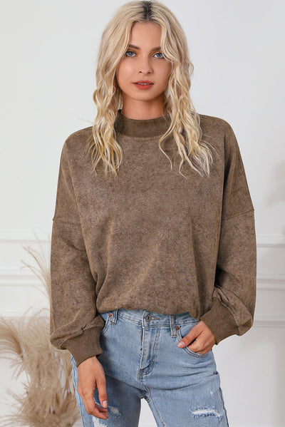 Brown Drop Shoulder Crew Neck Pullover Sweatshirt-Tops-MomFashion