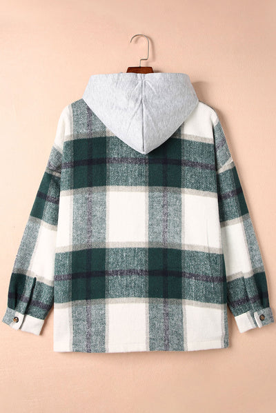 Green Hooded Plaid Button Front Shacket-Outerwear-MomFashion