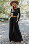 Black Solid Color Ribbed Crop Top Long Pants Set-Loungewear-MomFashion