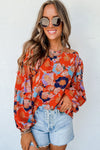 Fiery Red Floral Print Ruffle Puff Sleeve Blouse-Tops-MomFashion