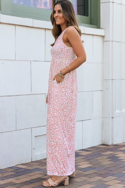 Pink Leopard Print Pocketed Sleeveless Maxi Dress-Dresses-MomFashion