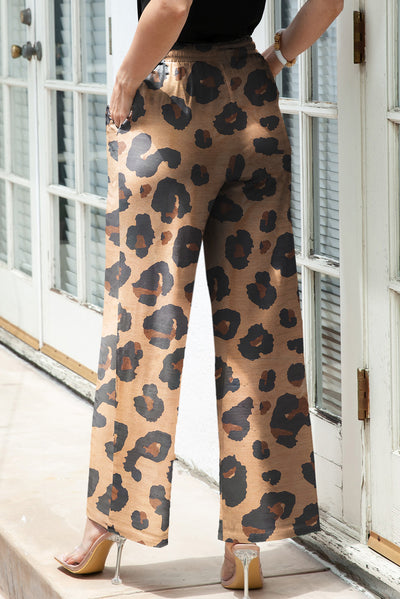 Leopard Drawstring Wide Leg Casual Pants-Bottoms-MomFashion