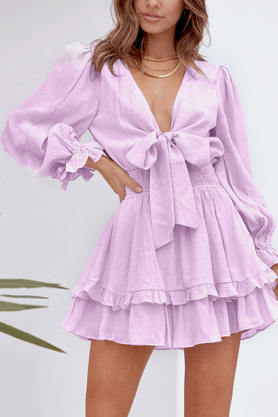 Deep V Neck Lantern Sleeve Knotted Tiered Mini Dress-Dresses-MomFashion