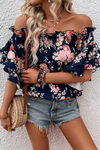 Blue Ruffle Off Shoulder Flounce Sleeve Floral Blouse-Tops-MomFashion