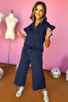 Navy Blue Textured Flutter Sleeve Top Wide Leg Pants Set-Loungewear-MomFashion