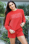 Racing Red Corded MERRY Graphic Long Sleeve Top and Shorts Set-Two Piece Sets/Short Sets-MomFashion