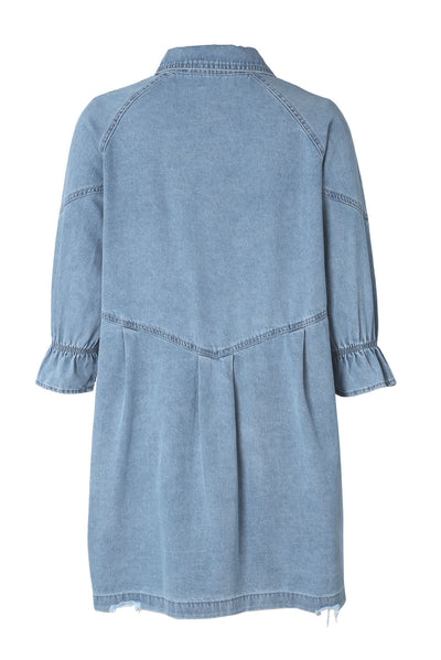 Sky Blue Buttoned Long Sleeve Denim Mini Dress-Dresses-MomFashion