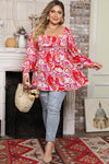 Red Plus Size Floral Sweetheart Neck Babydoll Blouse-Plus Size-MomFashion