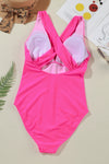 Rose Red Deep V Neck Crossover Backless Ruched High Cut Monokini-Swimwear-MomFashion