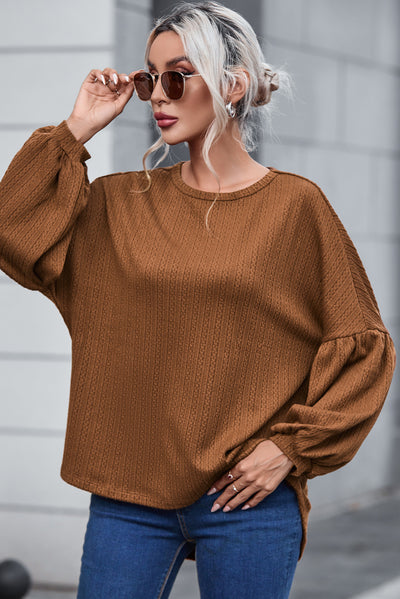 Faux Knit Jacquard Puffy Long Sleeve Top-Tops-MomFashion