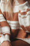 White Striped Knit Puff Sleeve Casual Sweater-Tops-MomFashion