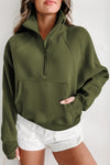 Green Zip Up Stand Collar Ribbed Thumbhole Sleeve Sweatshirt-Tops-MomFashion