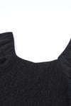 Black Smocked Square Neck Long Sleeve Wide Leg Jumpsuit-Bottoms-MomFashion