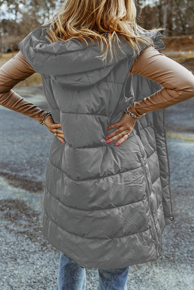 Dark Grey Hooded Long Quilted Vest Coat-Outerwear-MomFashion