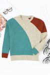 Multicolor Colorblock Ribbed Trim Round Neck Sweater-Tops-MomFashion