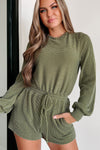 Jungle Green Corded Pullover Long Sleeve Drawstring Romper-Bottoms-MomFashion