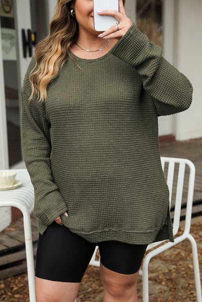 Moss Green Plus Size Textured Knit Long Sleeve Top-Plus Size-MomFashion