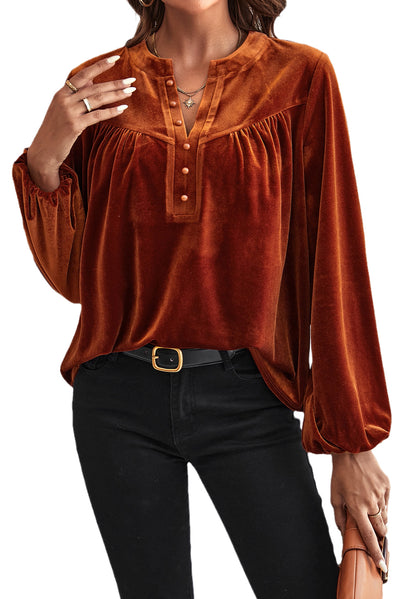 Gold Flame Lantern Sleeve Beaded Split V Neck Velvet Top-Tops-MomFashion