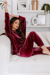 Fiery Red Solid Velvet Two Piece Lounge Set-Loungewear-MomFashion