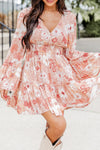 Floral Smocked High Waist Bell Sleeve Mini Dress-Dresses-MomFashion