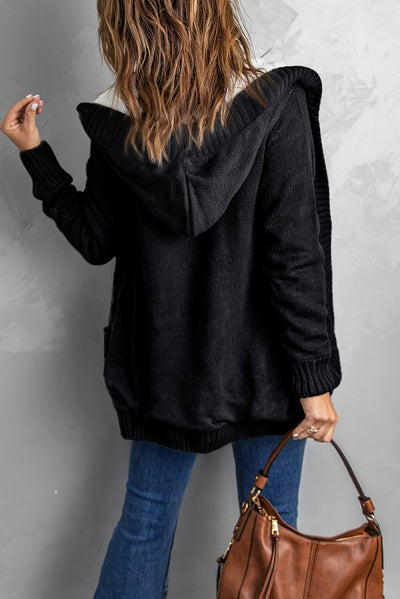 Black Buttoned Hooded Open Front Knitted Sweater-Tops-MomFashion