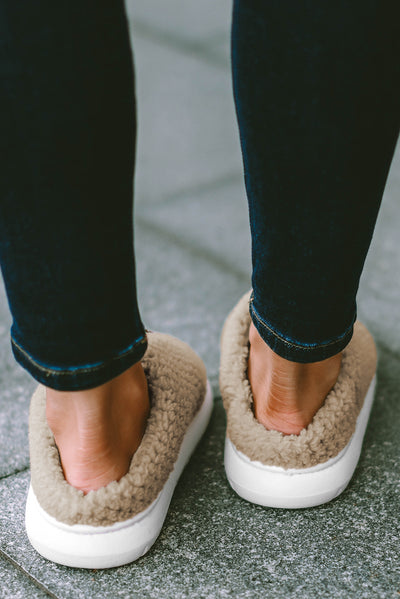 Pale Khaki Two-tone Knitted Warm Homewear Slippers-Shoes & Bags-MomFashion