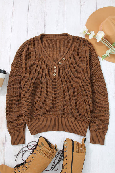 Coffee Pointelle Knit Button V Neck Drop Shoulder Sweater-Tops-MomFashion