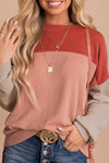 Fiery Red Color Block Long Sleeve Ribbed Loose Top-Tops-MomFashion