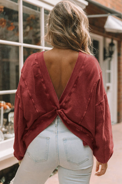 Fiery Red Exposed Seam Twist Open Back Oversized Sweatshirt-Tops-MomFashion