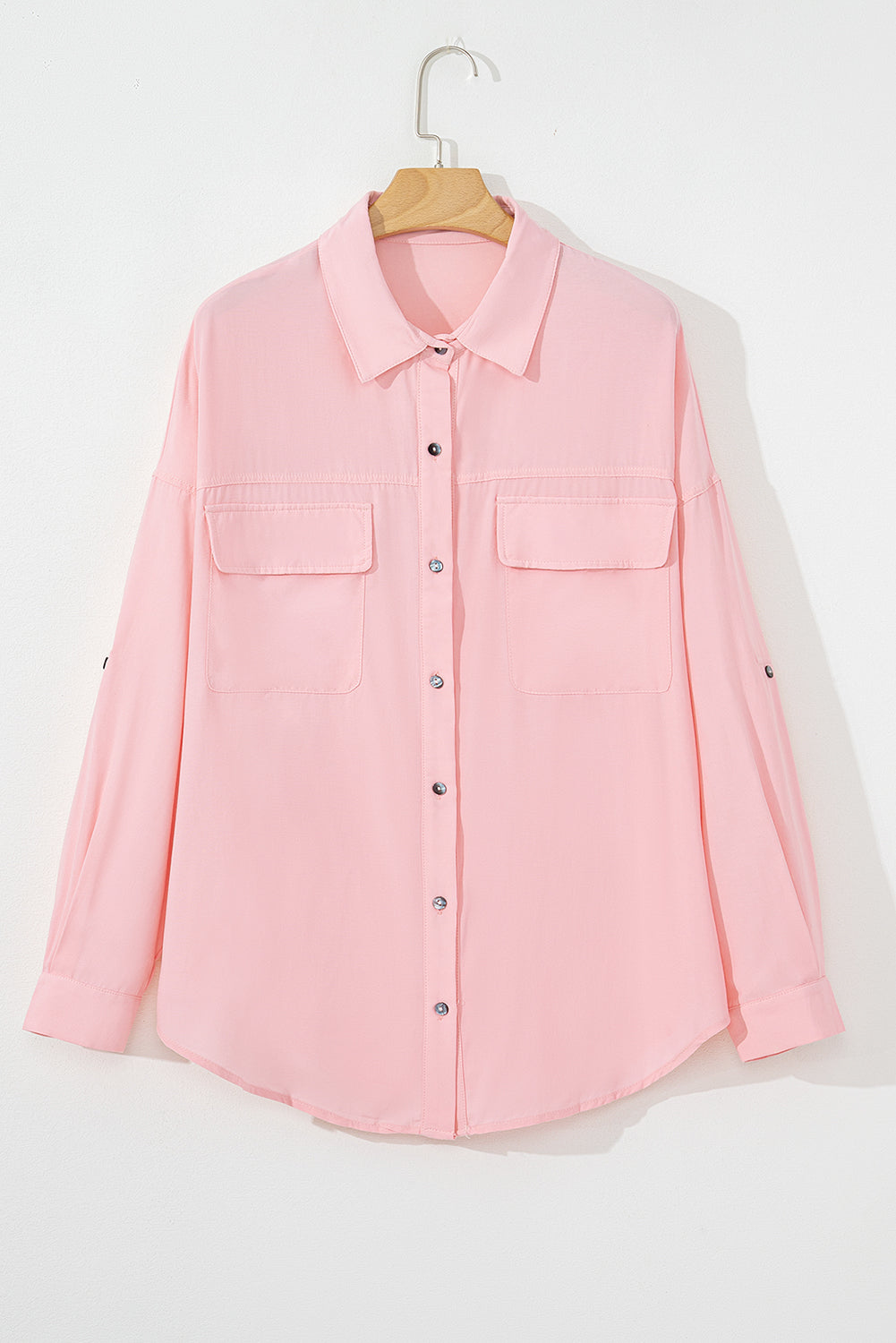 Pink Flap Pocket Tab Sleeve Button-Down Plus Size Shirt-Plus Size-MomFashion