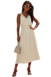 Apricot V Neck Sleeveless Maxi Dress with Elastic Belt-Dresses-MomFashion